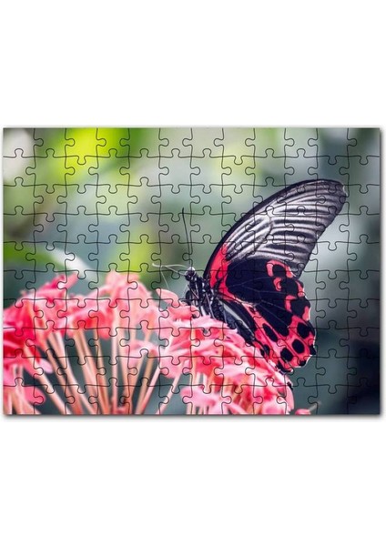 Pembe Çiçekler ve Siyah Kırmızı Kelebek 120 Parça Puzzle Yapboz Mdf (Ahşap)
