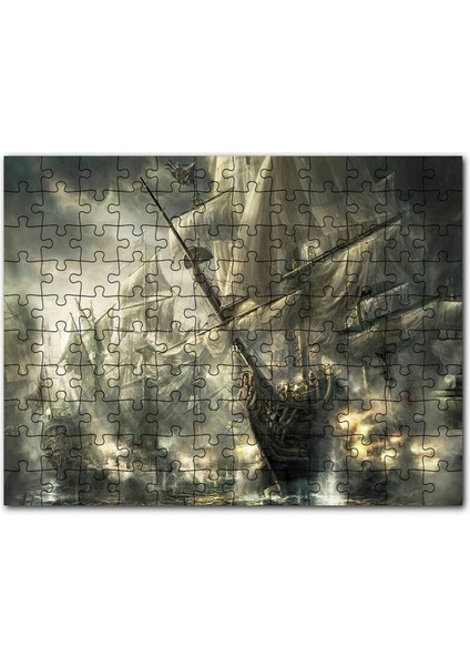Yelkenli Gemiler Ile Deniz Savaşı Çizim Görseli 120 Parça Puzzle Yapboz Mdf (Ahşap)