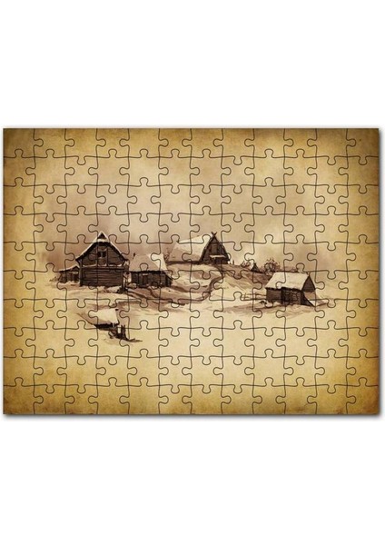 Sarı Zeminde Ahşap Çiftlik Evleri Çizim Görseli 120 Parça Puzzle Yapboz Mdf (Ahşap)