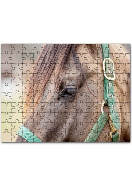 Yeşil Koşumlu Kahverengi At Yakın Çekim 120 Parça Puzzle Yapboz Mdf (Ahşap)