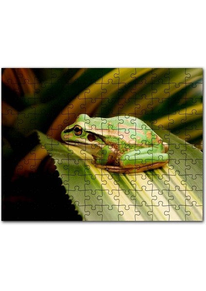Yaprak Üzerinde Dinlenen Yeşil Kurbağa 120 Parça Puzzle Yapboz Mdf (Ahşap)