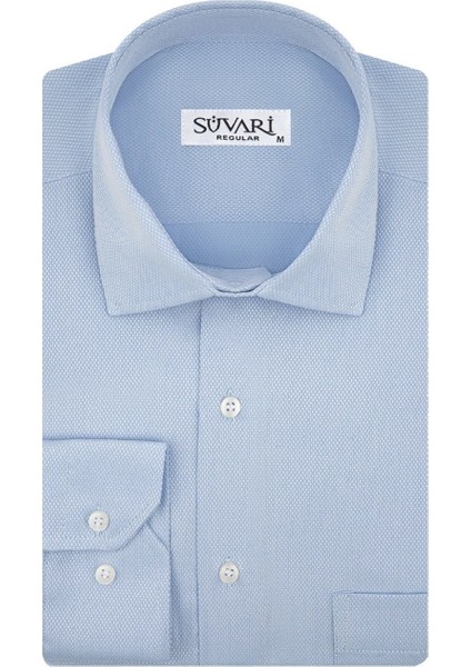 GM2025000198 Klasik Yaka Regular Fit Armürlü Mavi Erkek Gömlek