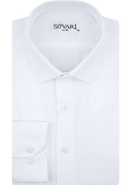 Slim Fit Armür Desenli Beyaz Erkek Gömlek