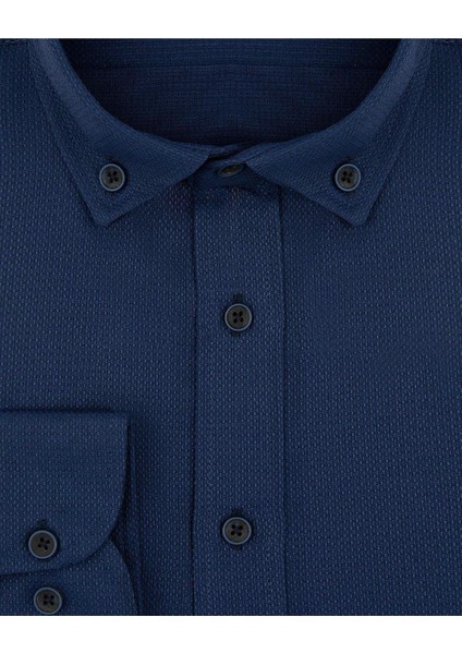 Slim Fit Armür Desenli Lacivert Erkek Gömlek