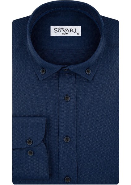 Slim Fit Armür Desenli Lacivert Erkek Gömlek