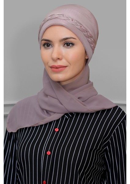 Violet Pratik Hazır Geçmeli Tesettür Bone Fukuro Piliseli Örgülü Şifon Atkılı 1825A_21