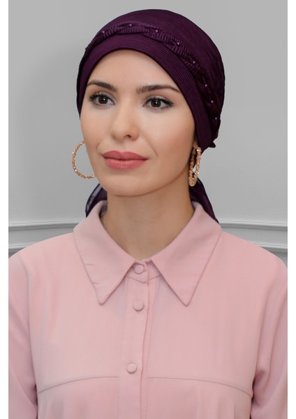 Mürdüm Pratik Hazır Geçmeli Tesettür Bone Fukuro Piliseli Örgülü Güllü 1823_07