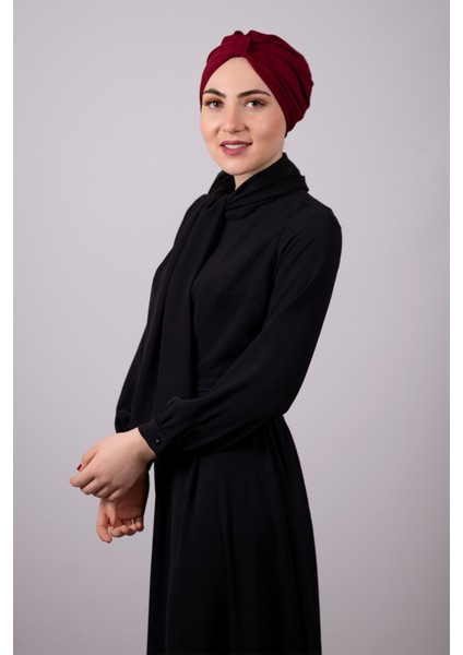 Bordo Pratik Hazır Geçmeli Tesettür Bone Petekli Büzgülü 1204E_16