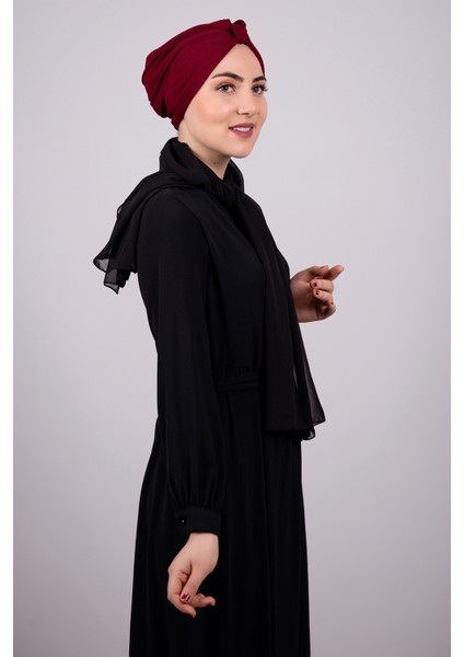 Bordo Pratik Hazır Geçmeli Tesettür Bone Petekli Büzgülü 1204E_16