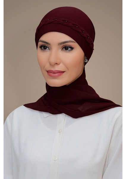 Bordo Pratik Hazır Geçmeli Tesettür Bone Sandy Kumaş Örgülü Güllü Şifon Atkılı 1203A_16
