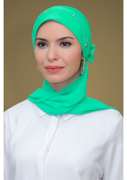 Su Yeşili Pratik Hazır Geçmeli Tesettür Bone Sandy Kumaş Güllü Işlemeli Şifon Atkılı 1206A_32