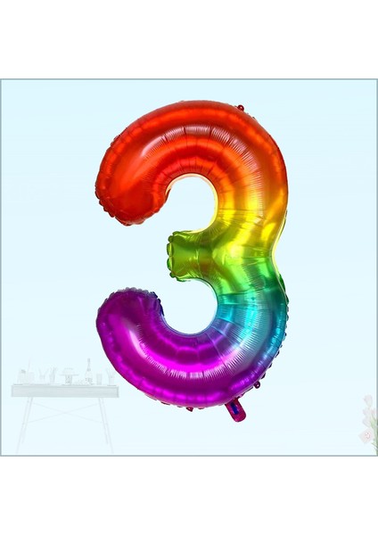 3 Yaş Rakam Folyo Balon, 100 cm - Gökkuşağı