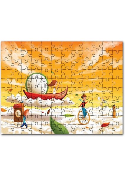 Düşler Ülkesinde Bulutlar Çocuklar ve Saatler 120 Parça Puzzle Yapboz Mdf (Ahşap)