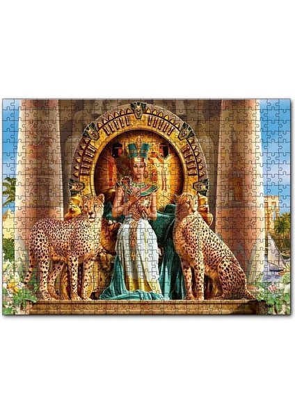 Antik Mısır'da Nefertiti ve Tahtın Yanında Çitalar 120 Parça Puzzle Yapboz Mdf (Ahşap)