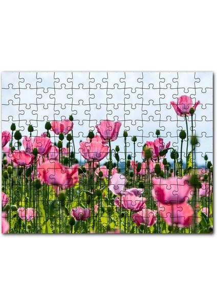 Çayırda Pembe Gelincikler ve Gökyüzü 120 Parça Puzzle Yapboz Mdf (Ahşap)