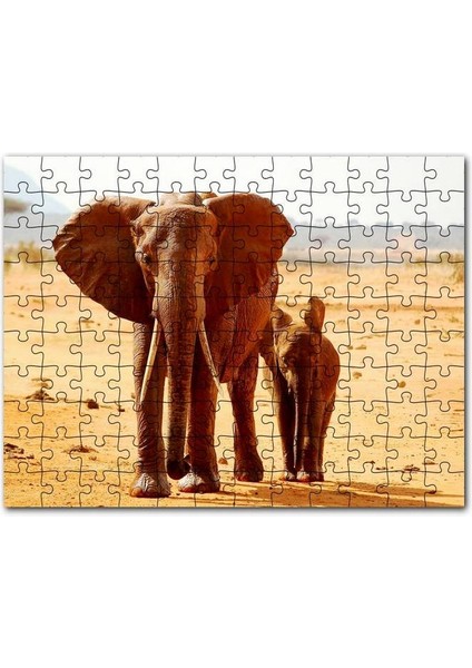 Afrika Savanada Anne Fil ve Yavrusu 120 Parça Puzzle Yapboz Mdf (Ahşap)