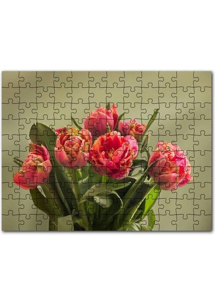 Kırmızı Laleler ve Yeşil Yaprakları 120 Parça Puzzle Yapboz Mdf (Ahşap)