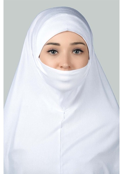 Hazır Türban Peçeli Pratik Eşarp Tesettür Nikaplı Hijab - Namaz Örtüsü Sufle (3Xl) - Beyaz