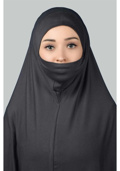 Hazır Türban Peçeli Pratik Eşarp Tesettür Nikaplı Hijab - Namaz Örtüsü Sufle (3Xl) - Füme