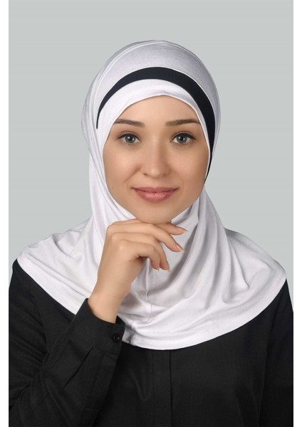 Pratik Eşarp Hazır Türban Özel Hilal Detaylı Hijab - Beyaz - Siyah