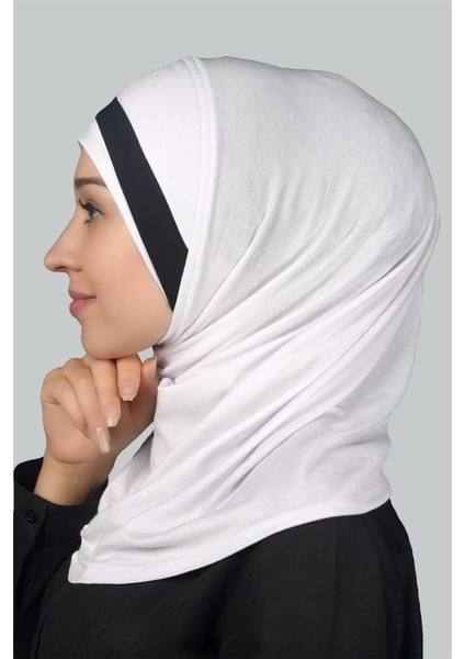Pratik Eşarp Hazır Türban Özel Hilal Detaylı Hijab - Beyaz - Siyah modelleri