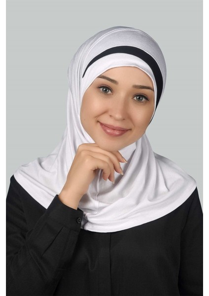 Pratik Eşarp Hazır Türban Özel Hilal Detaylı Hijab - Beyaz - Siyah fırsatları