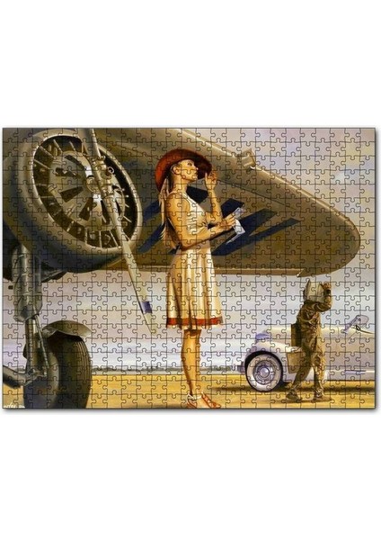 Eski Uçak ve Beyaz Elbiseli Mektup Okuyan Kadın 120 Parça Puzzle Yapboz Mdf (Ahşap)