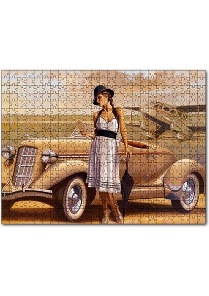 Antika Araba Uçak ve Beyaz Elbiseli Kadın 120 Parça Puzzle Yapboz Mdf (Ahşap)