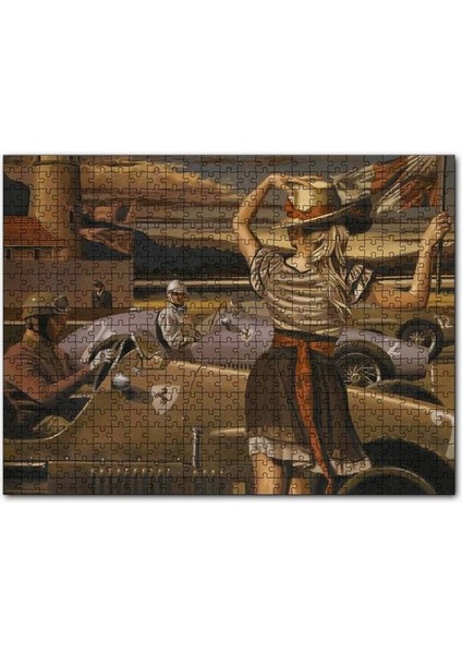 Antika Ferrari Yarış Arabaları ve Start Bayraklı Kız 120 Parça Puzzle Yapboz Mdf (Ahşap)