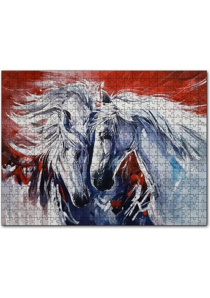 Iki Beyaz Kısrak Kırmızı Arkaplan 120 Parça Puzzle Yapboz Mdf (Ahşap)