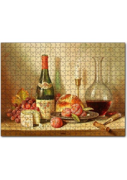 Şarap Peynir Ekmek ve Taze Meyveler 120 Parça Puzzle Yapboz Mdf (Ahşap)