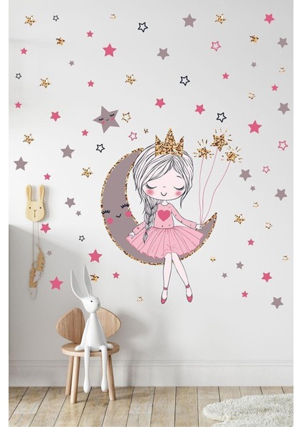 Orta Boy Ayda Oturan Sevimli Kız Çocuk Odası Duvar Sticker Seti