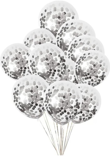 Gümüş Konfetili Şeffaf Balon Seti 10 Adet