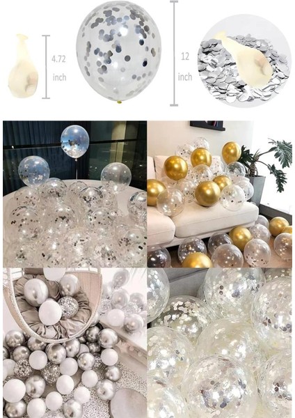 Gümüş Konfetili Şeffaf Balon Seti 10 Adet