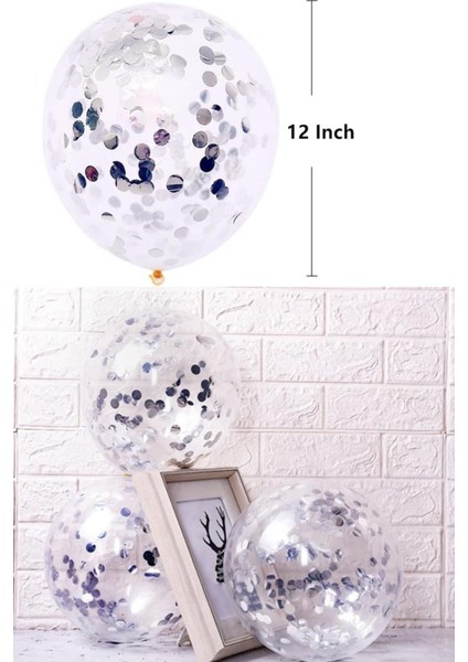 Gümüş Konfetili Şeffaf Balon Seti 10 Adet