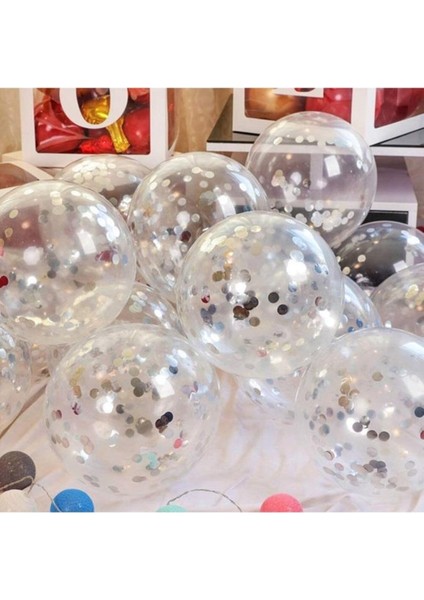 Gümüş Konfetili Şeffaf Balon Seti 10 Adet