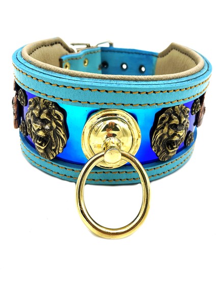Turkuaz-Lacivert Aslan Başlı Pirinç Halkalı Deri Köpek Tasması