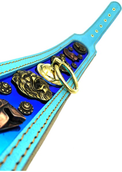 Turkuaz-Lacivert Aslan Başlı Pirinç Halkalı Deri Köpek Tasması fiyatları