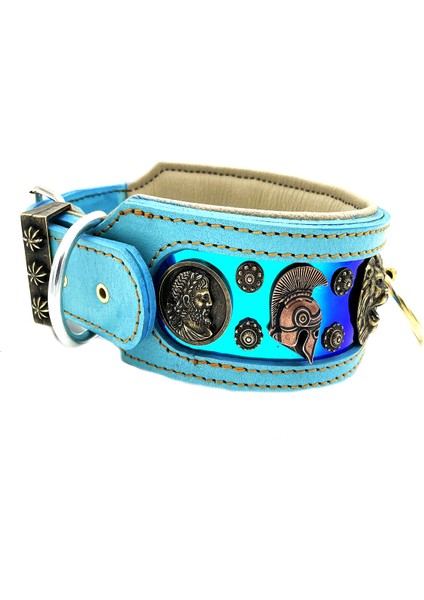 Turkuaz-Lacivert Aslan Başlı Pirinç Halkalı Deri Köpek Tasması modelleri