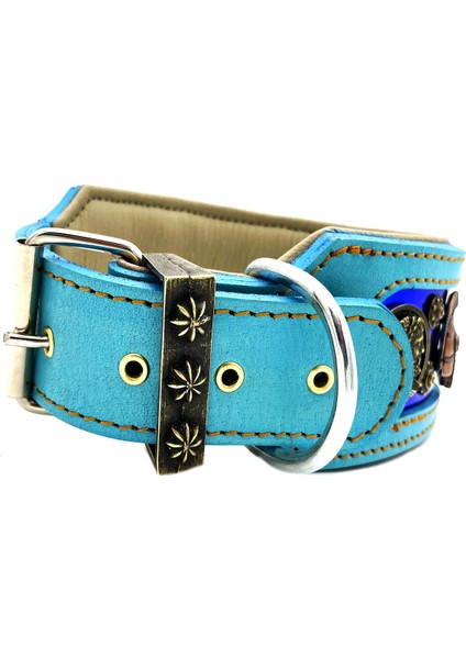 Turkuaz-Lacivert Aslan Başlı Pirinç Halkalı Deri Köpek Tasması indirimleri