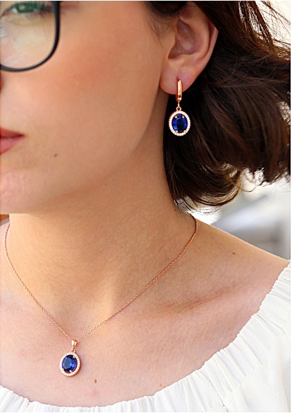 Lacivert Beyaz Zirkon Taşlı Oval Gümüş Kolye Küpe Takım