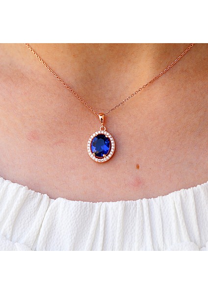 Lacivert Beyaz Zirkon Taşlı Oval Gümüş Kolye Küpe Takım fiyatları