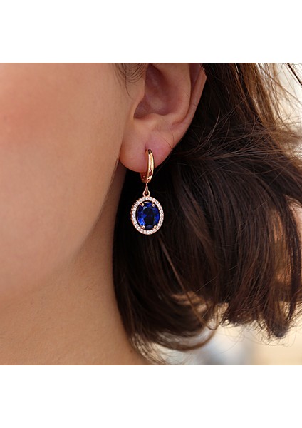 Lacivert Beyaz Zirkon Taşlı Oval Gümüş Kolye Küpe Takım modelleri