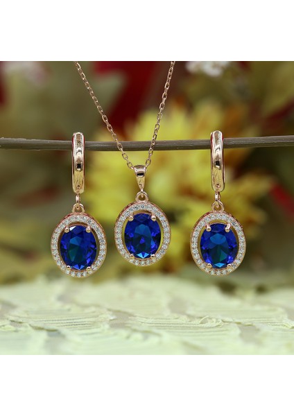 Lacivert Beyaz Zirkon Taşlı Oval Gümüş Kolye Küpe Takım indirimleri