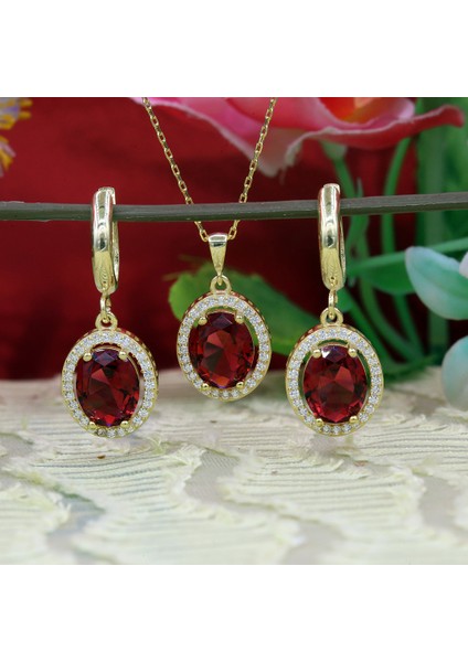 Kırmızı Beyaz Zirkon Taşlı Oval Gümüş Kolye Küpe Takım modelleri