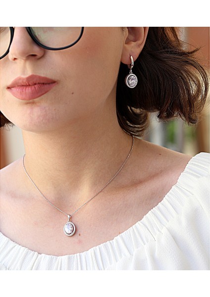 Beyaz Zirkon Taşlı Oval Gümüş Kolye Küpe Takım modelleri