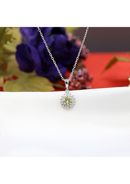 Sarı Beyaz Taşlı Minimal Anturaj Yuvarlak Gümüş Kolye