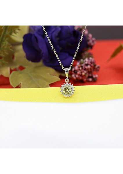 Sarı Beyaz Taşlı Minimal Anturaj Yuvarlak Gümüş Kolye modelleri