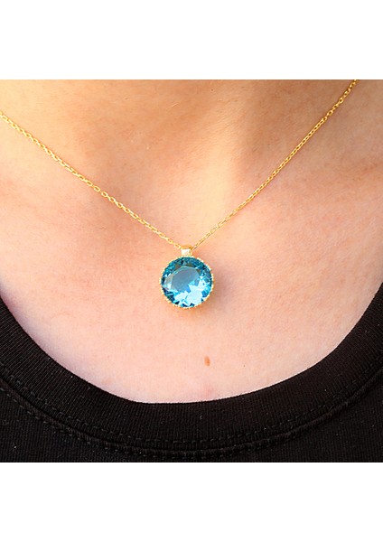 Büyük Akua Zirkon Taşlı Yuvarlak Gümüş Kolye