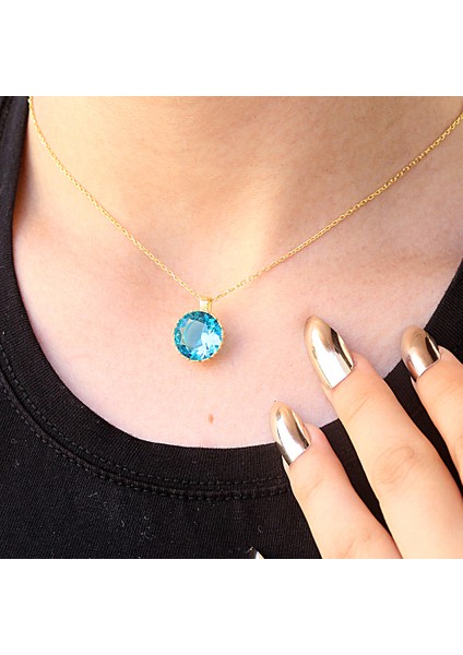 Büyük Akua Zirkon Taşlı Yuvarlak Gümüş Kolye indirimleri